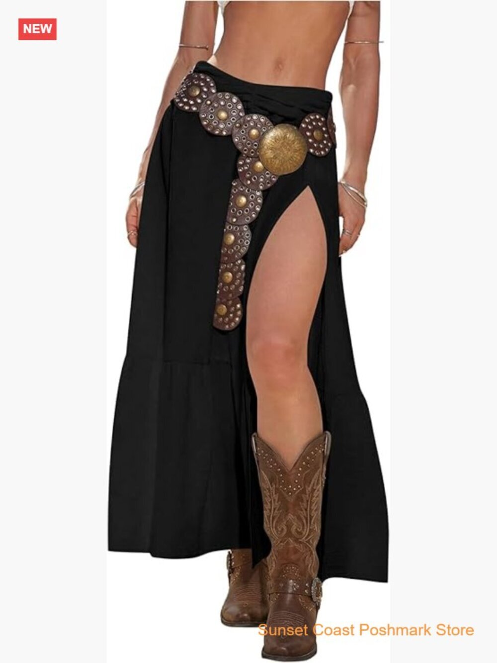 Boho Western Low Rise Maxi Skirt Ruffle High Slit Country Cowgirl Casual